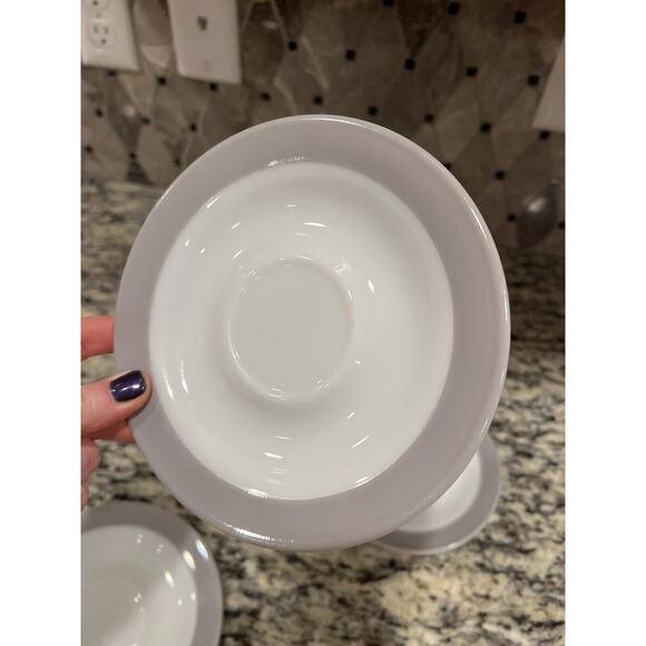 Pyrex Glass Saucer Plates Gray Band White Milk Glass MCM Vtg Set of 4 - Picture 7 of 8